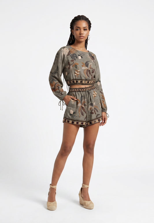 Komplet Belaro – Bluzka + Szorty w Print Botaniczny Khaki