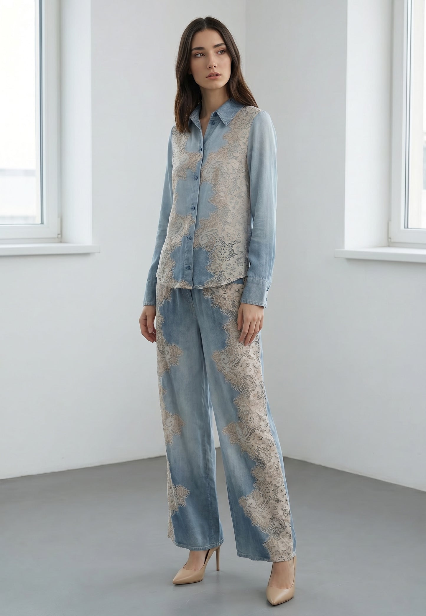 Komplet RinaScimento – Koszula + Spodnie Wide Leg w Denim Paisley