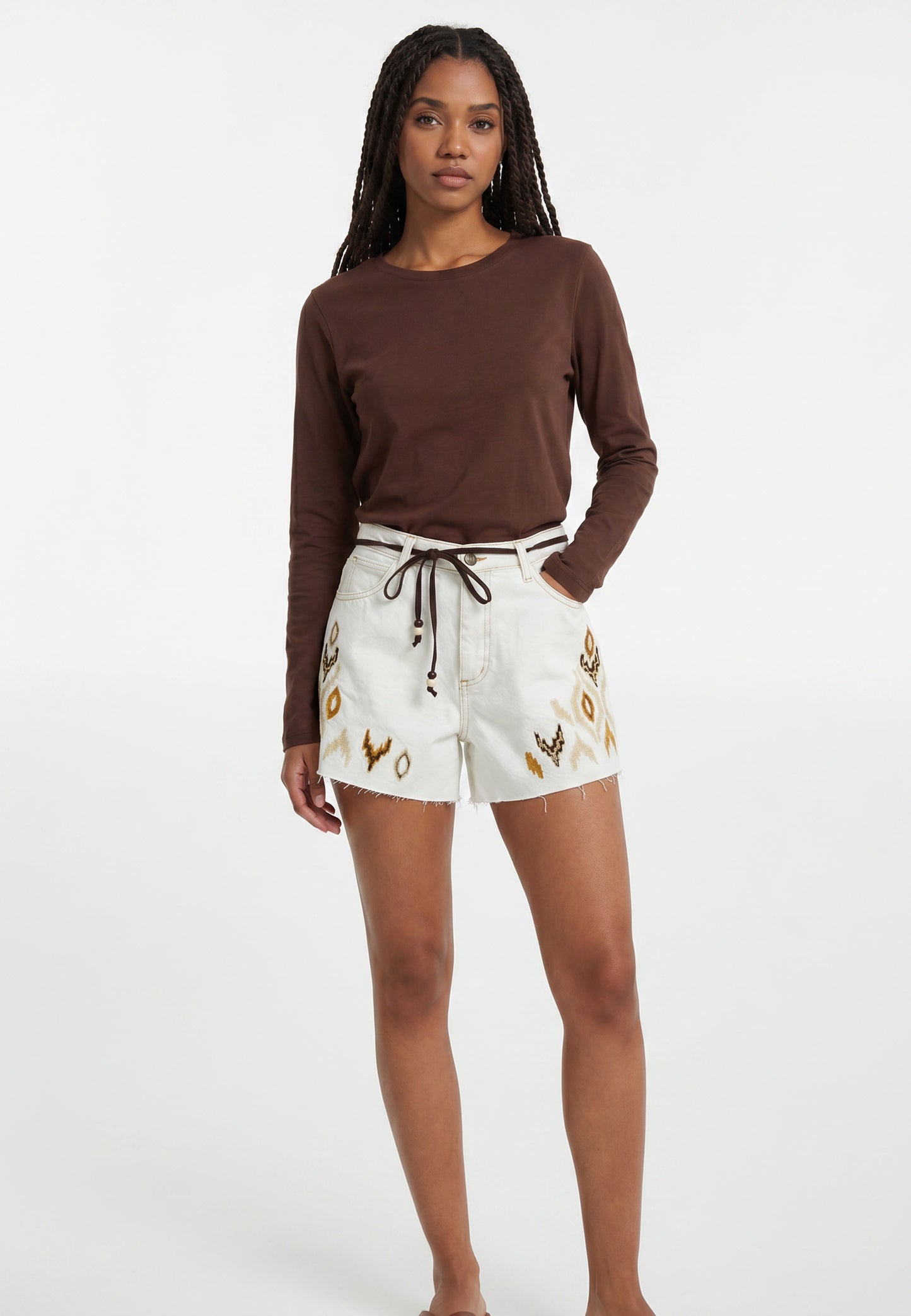 Spodenki Philia Loft – Jeansowe Haftowane Ikat Ecru