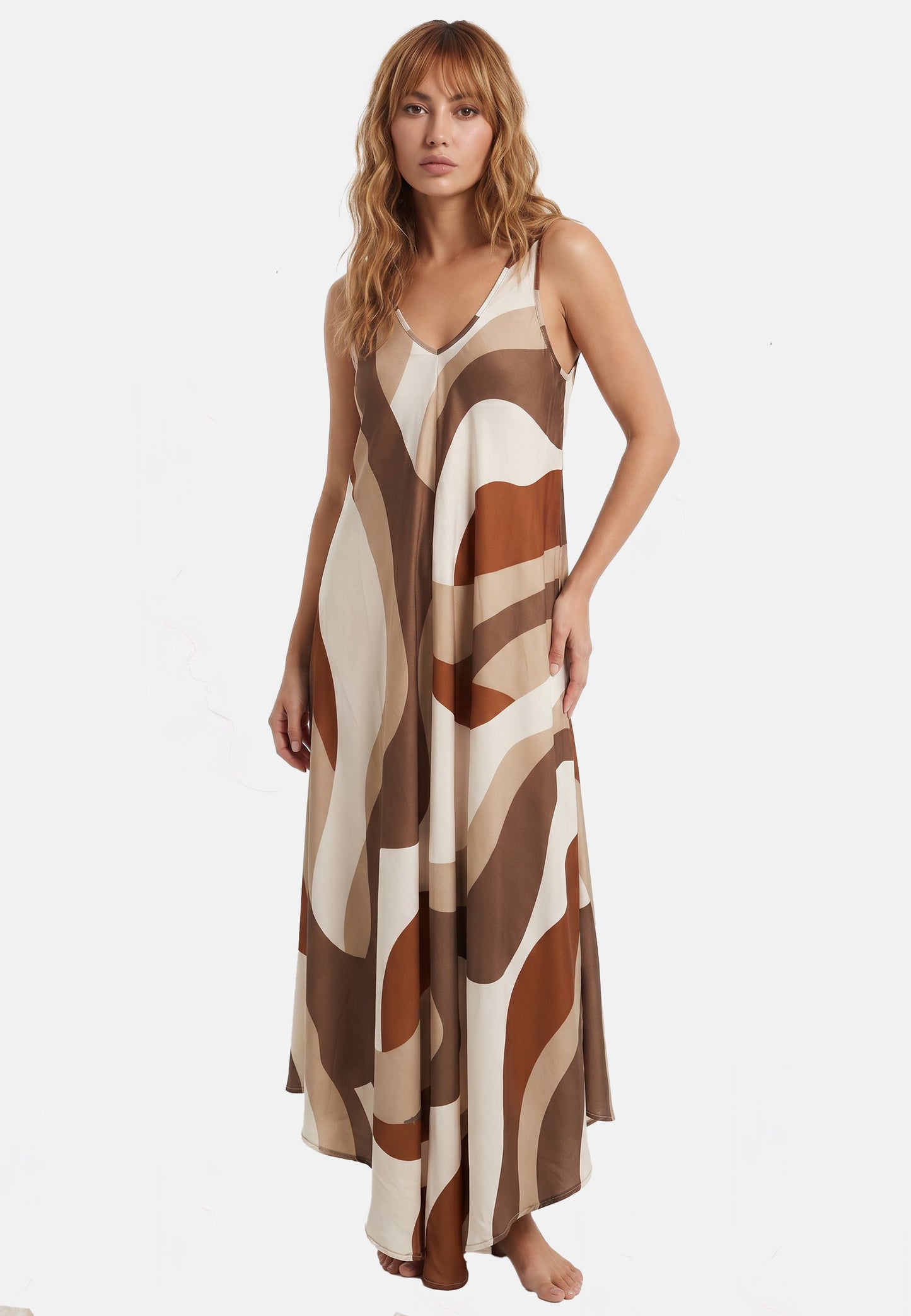Sukienka Belaro – Maxi w Abstrakcyjny Print Brąz Ecru
