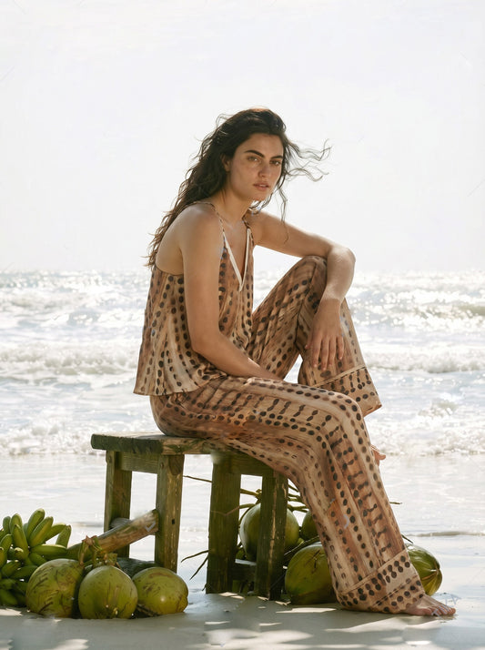 Plażowy Zestaw Belaro – Top Halter + Spodnie Wide-Leg z Nadrukiem