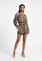 Komplet Belaro – Bluzka + Szorty w Print Botaniczny Khaki