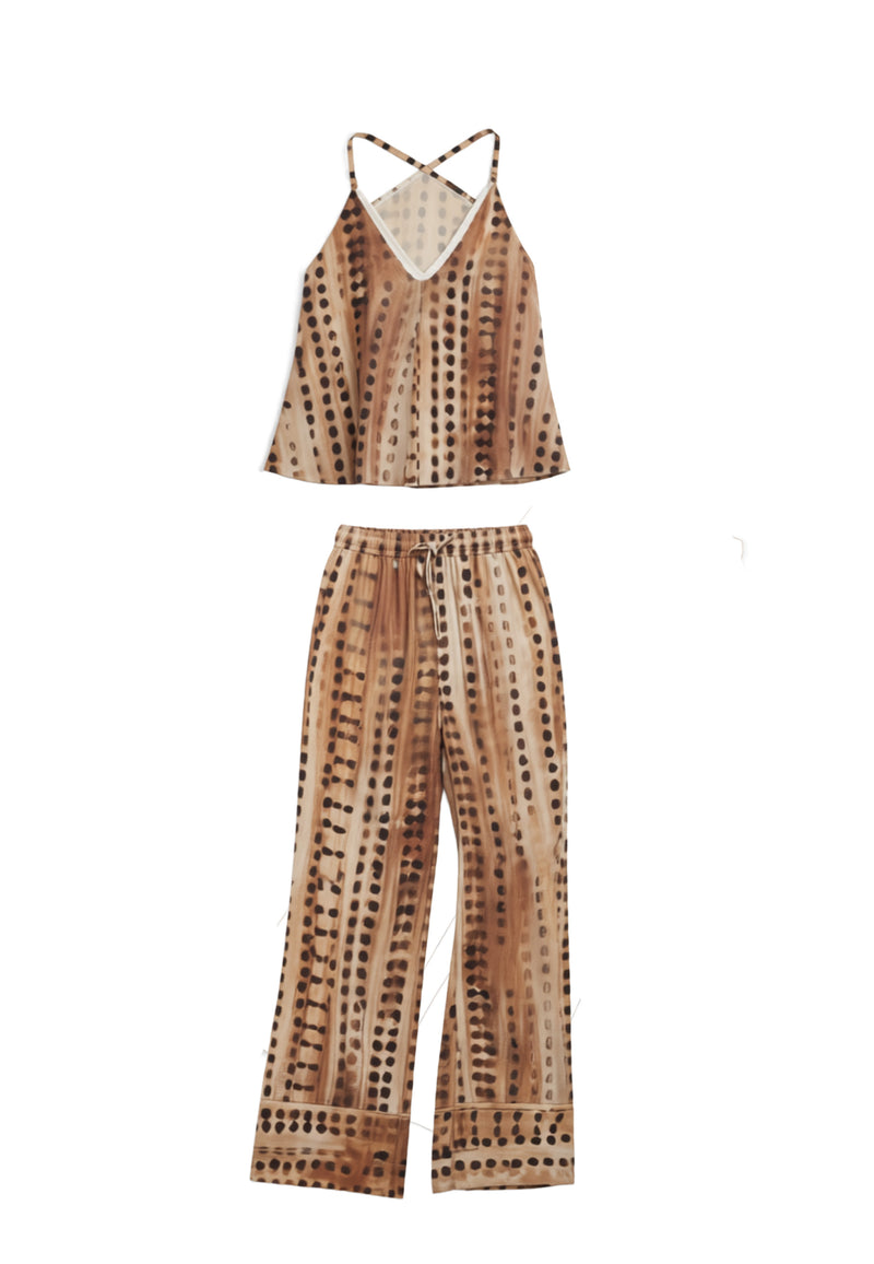 Plażowy Zestaw Belaro – Top Halter + Spodnie Wide-Leg z Nadrukiem