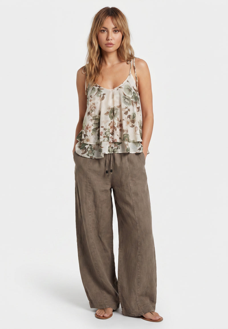 Letni Zestaw – Jedwabisty Top Kwiatowy + Lniane Spodnie Wide-Leg