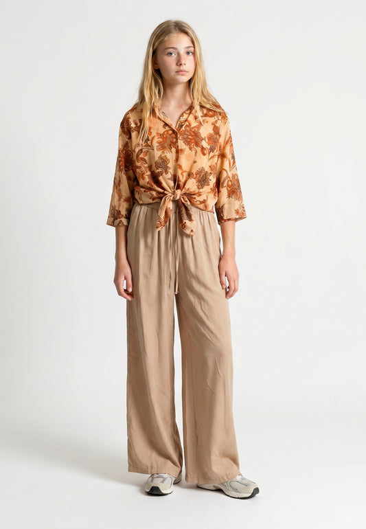 Zestaw Belaro – Satynowa Koszula w Kwiaty + Spodnie Wide-Leg