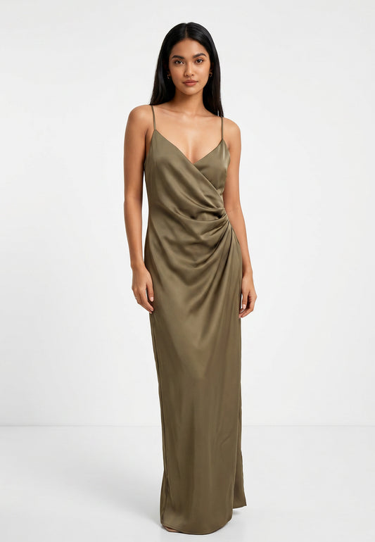 Sukienka Imperial – Satynowa Maxi Khaki na Ramiączkach