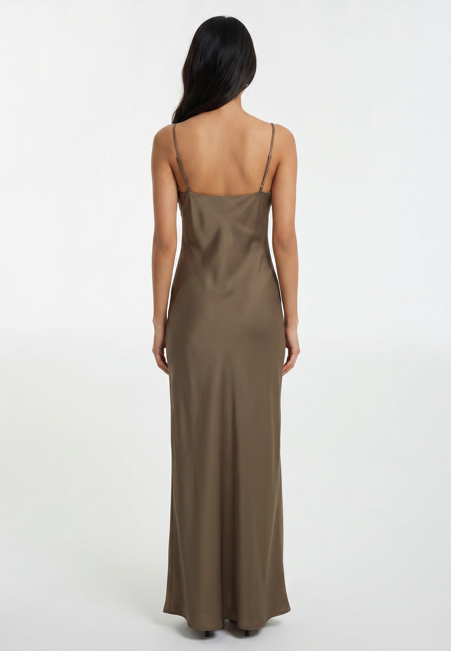 Sukienka Imperial – Satynowa Maxi Khaki na Ramiączkach