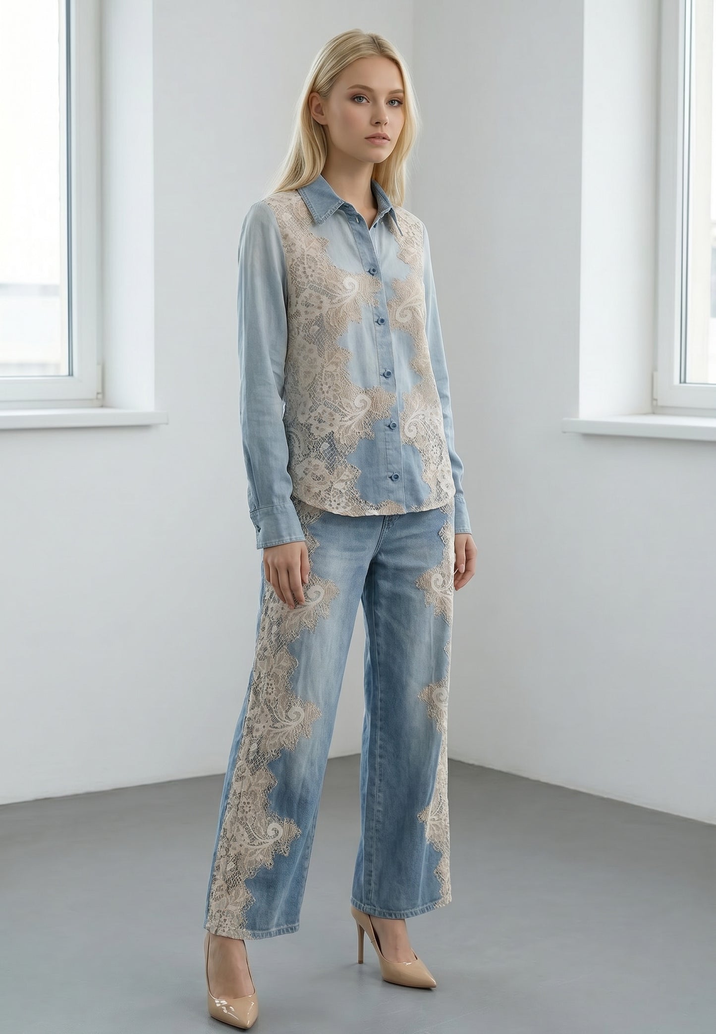 Komplet RinaScimento – Koszula + Spodnie Wide Leg w Denim Paisley