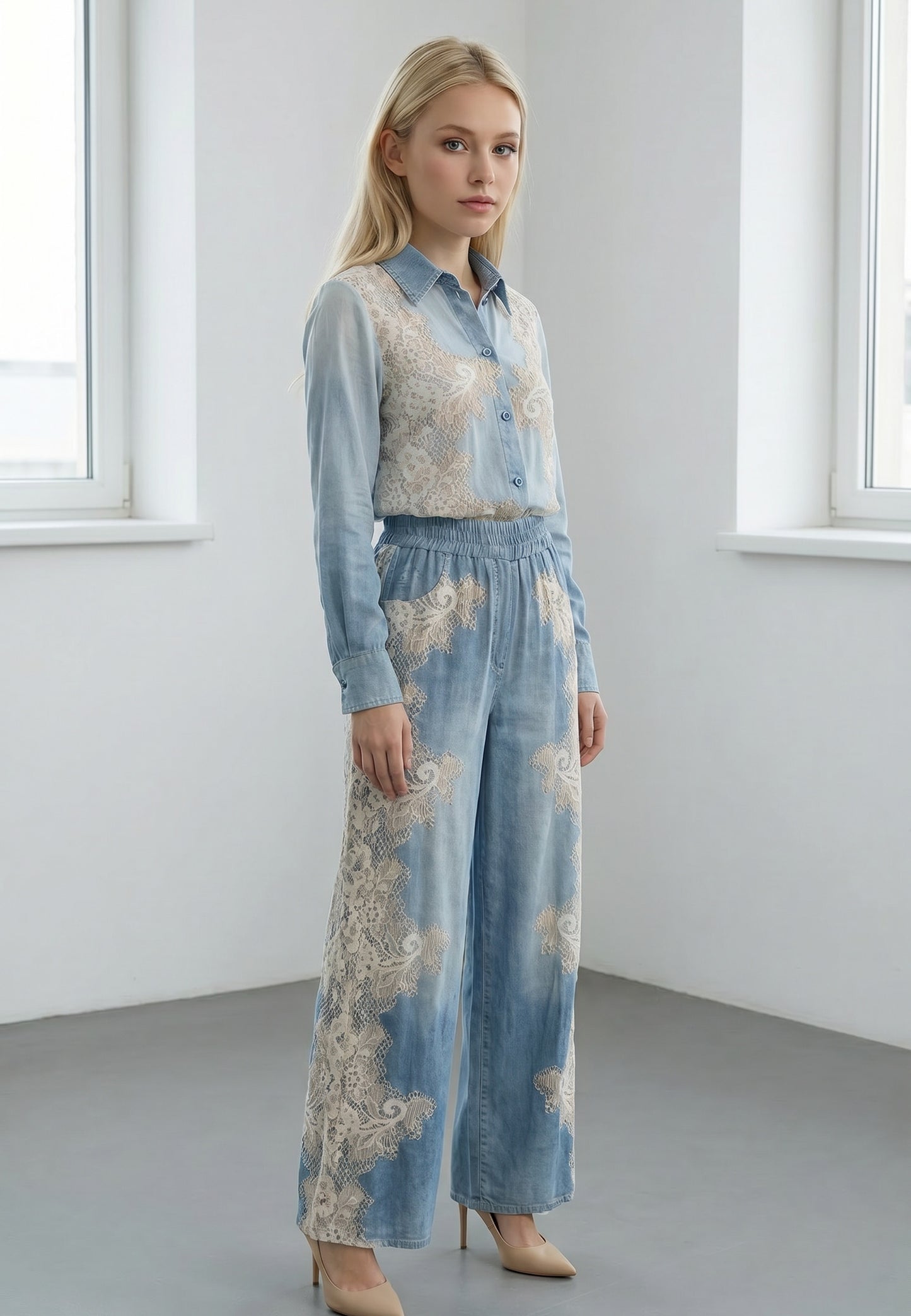 Komplet RinaScimento – Koszula + Spodnie Wide Leg w Denim Paisley