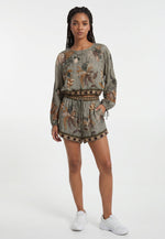 Komplet Belaro – Bluzka + Szorty w Print Botaniczny Khaki