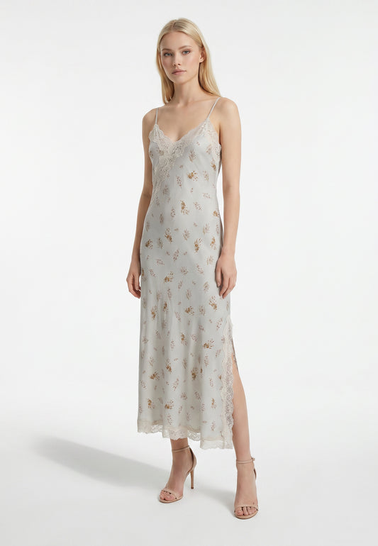 Sukienka Imperial – Szara Slip Dress Maxi w Kwiatki z Koronką