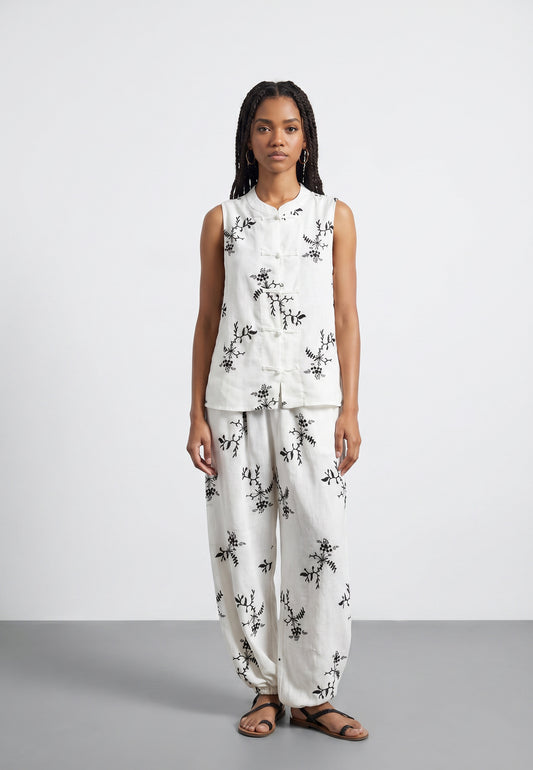 Komplet Belaro – Top + Spodnie Harem w Kwiatowy Print Ecru