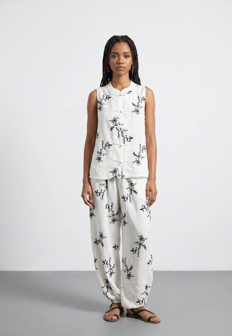 Komplet Belaro – Top + Spodnie Harem w Kwiatowy Print Ecru