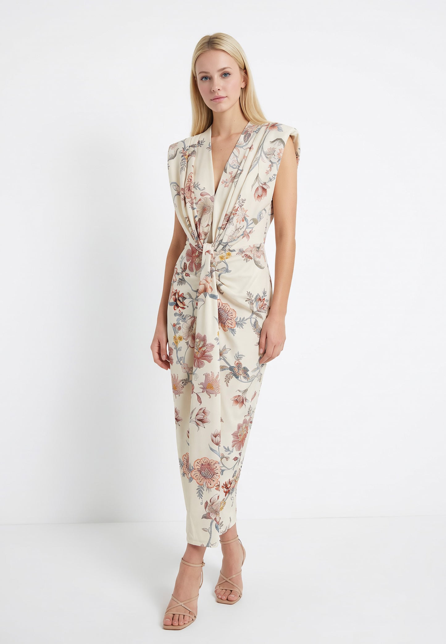 Sukienka Imperial – Ecru Maxi w Kwiatowy Print z Węzłem