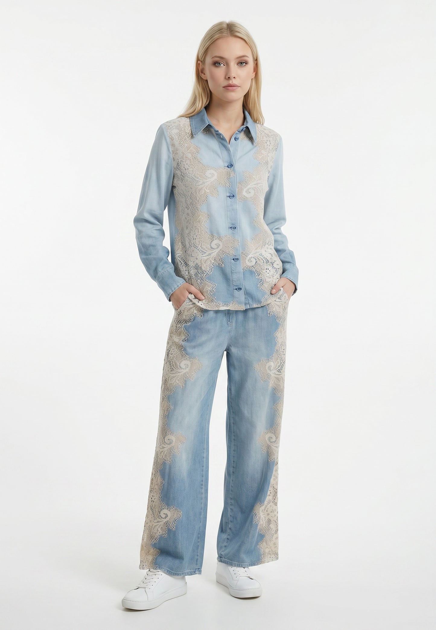 Komplet RinaScimento – Koszula + Spodnie Wide Leg w Denim Paisley