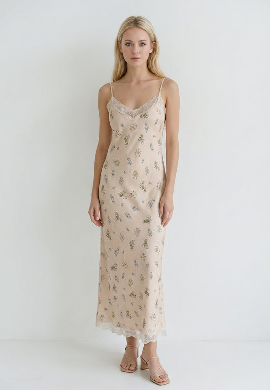 Sukienka Imperial – Beżowa Slip Dress Maxi w Kwiatki z Koronką